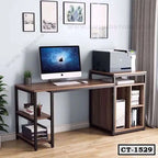 Modern wooden computer table with shelving, desktop computer, and printer for home office