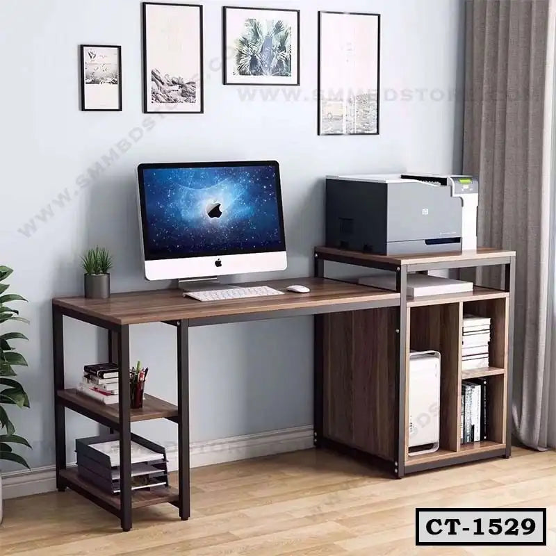 Modern wooden computer table with shelving, desktop computer, and printer for home office