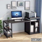 Modern L-shaped computer table with shelves, desktop computer, printer, and organized office accessories in home office setting.