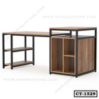 Modern L-shaped computer table with wood finish, black metal frame, and open storage shelves