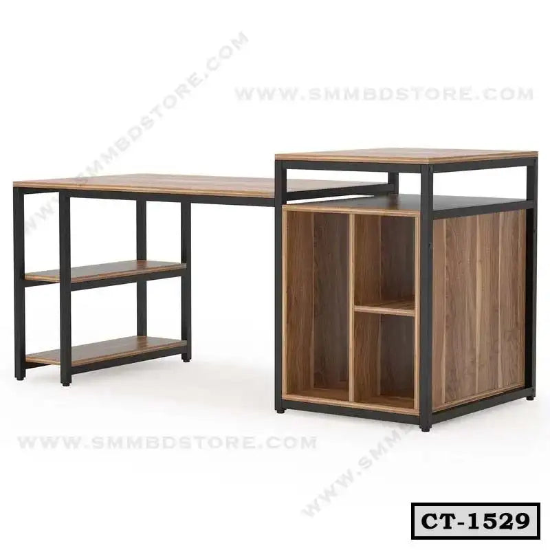 Modern L-shaped computer table with wood finish, black metal frame, and open storage shelves