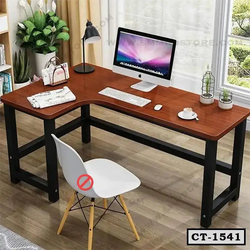 Modern wooden computer table with black frame, office chair, desktop, and desk organizers