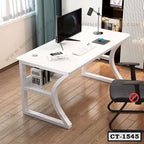 Modern white computer table with shelves, monitor, keyboard, mouse, and office chair in a home office setting.
