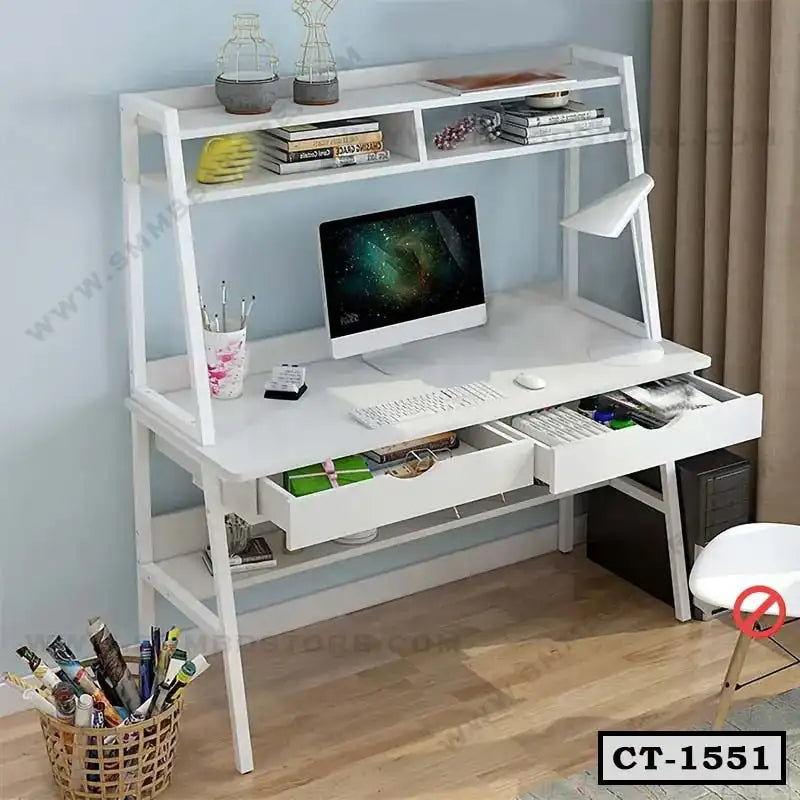 Modern white computer table with shelves, drawers, and desktop setup in a home office.