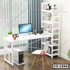 Modern white computer desk with shelves, study chair, and desktop setup in a home office