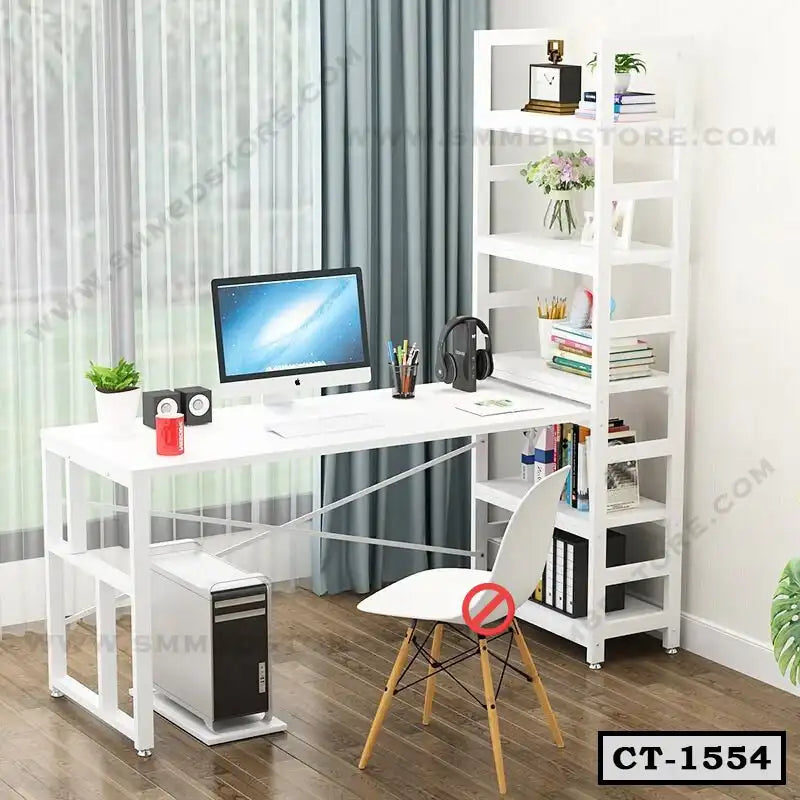 Modern white computer desk with shelves, study chair, and desktop setup in a home office