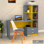 Modern computer table with bookshelves, drawers, and chair in a home office setting