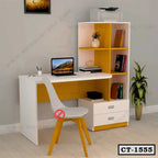 Modern computer table with yellow shelves, drawers, and white chair in a home office setting