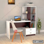 Modern white and brown computer table with shelves, drawers, laptop, and chair for home office