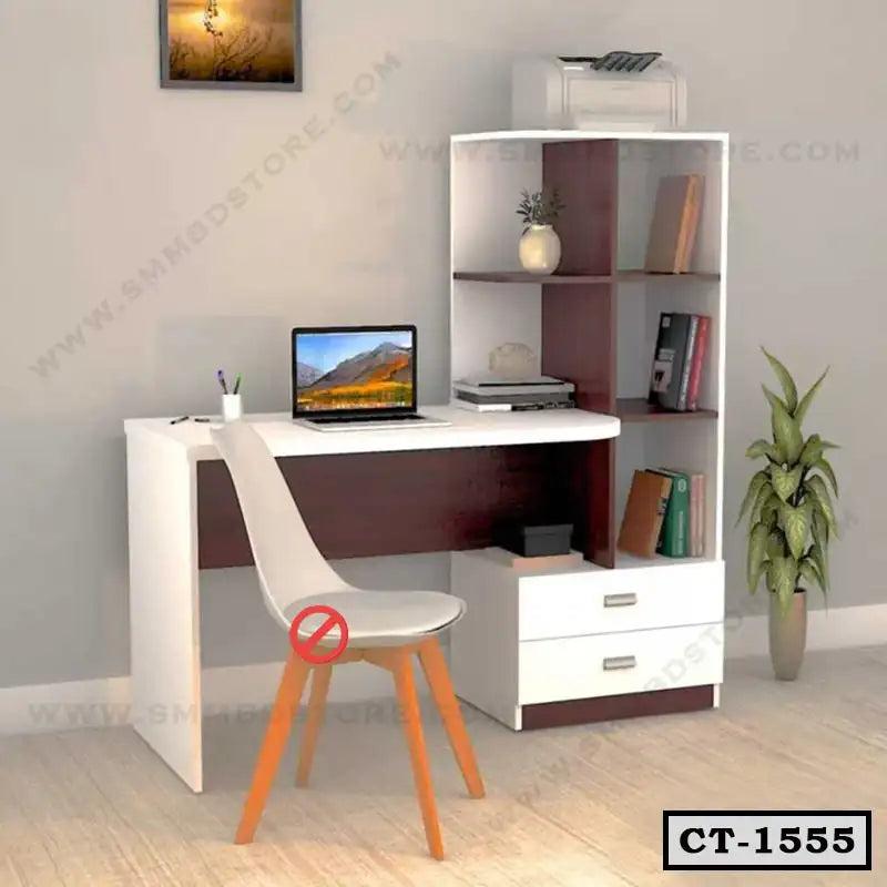 Modern white and brown computer table with shelves, drawers, laptop, and chair for home office