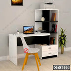 Modern computer table with white chair, drawers, open shelves and a laptop in home office setting