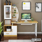 Modern wooden computer table with bookshelf, storage cabinets, and desktop setup for home office