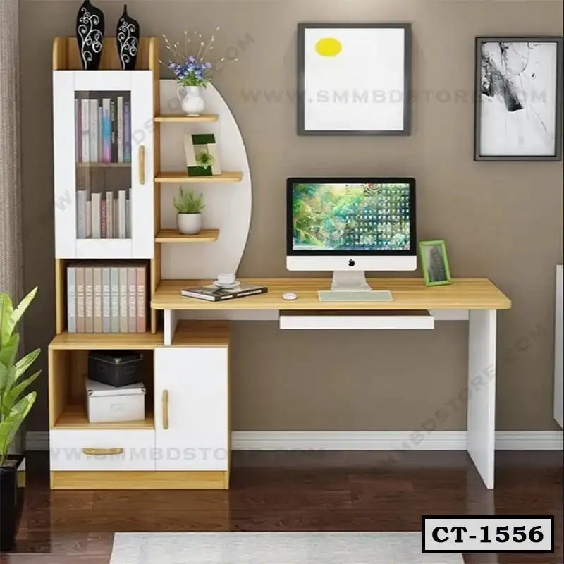 Modern wooden computer table with bookshelf, storage cabinets, and desktop setup for home office