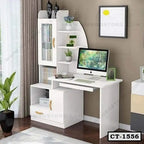 Modern white computer desk with storage shelves, cabinet, and desktop setup in home office