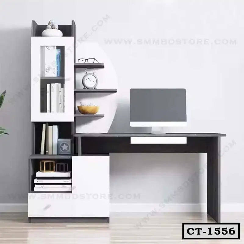 Modern computer desk with storage shelves and cabinet, ideal for home or office workspace