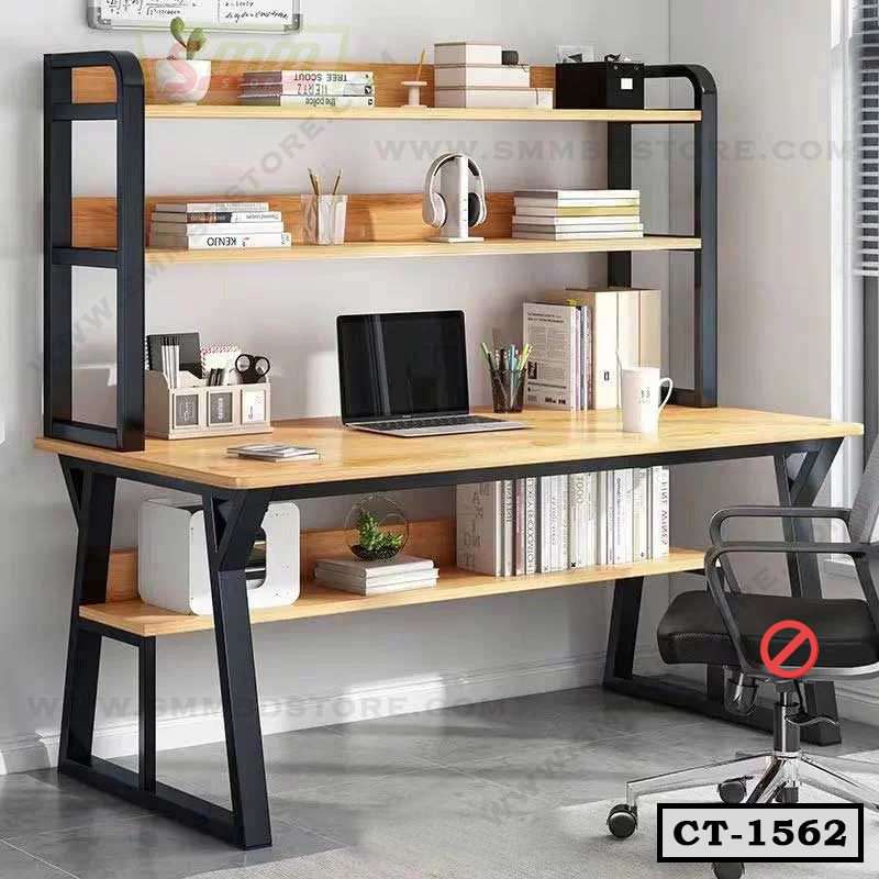 Modern wooden computer table with metal frame, shelves, and office chair for home or office Main image