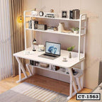 Modern white computer table with shelves, laptop, books, and desk lamp for home office