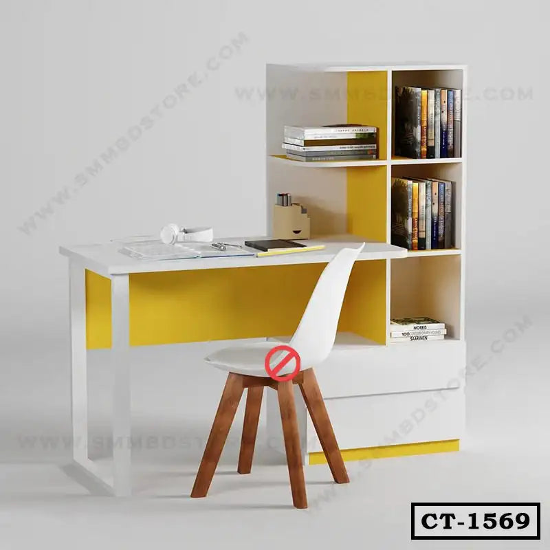 Modern white and yellow computer table with bookshelf, wooden chair, and books Main image