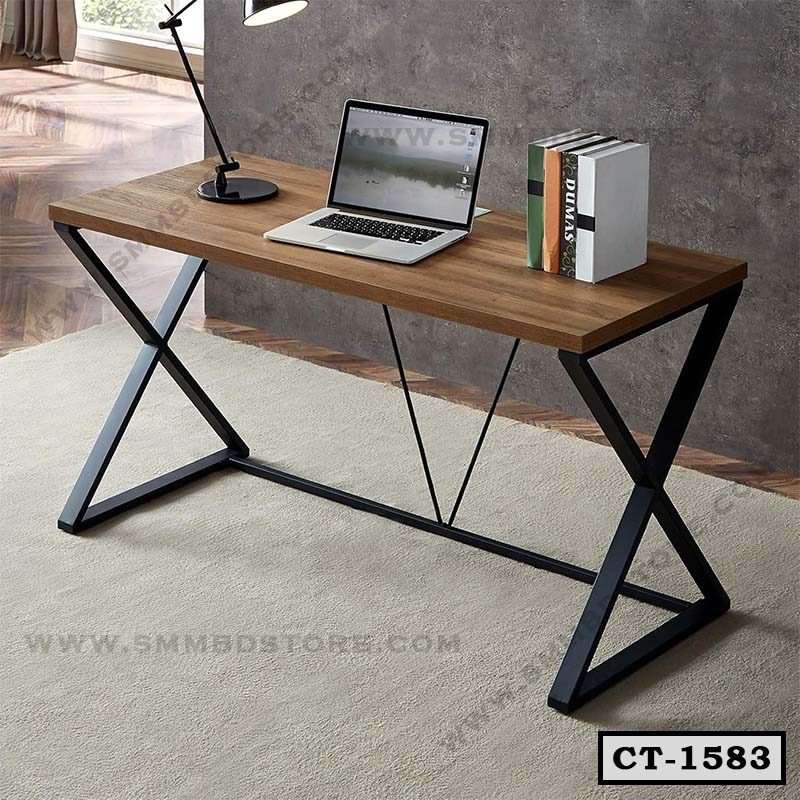 Modern computer desk with wooden top, metal frame, laptop, lamp, and books in home office Main image
