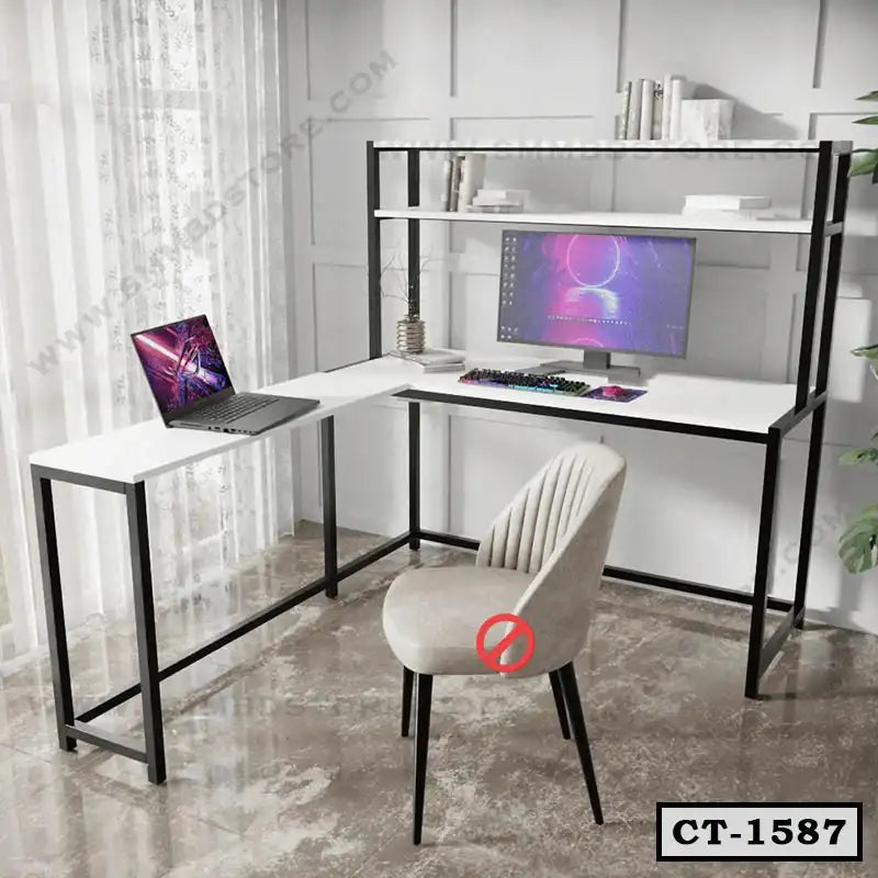 Modern L-shaped computer desk with shelving, office chair, laptop and monitor setup Main image