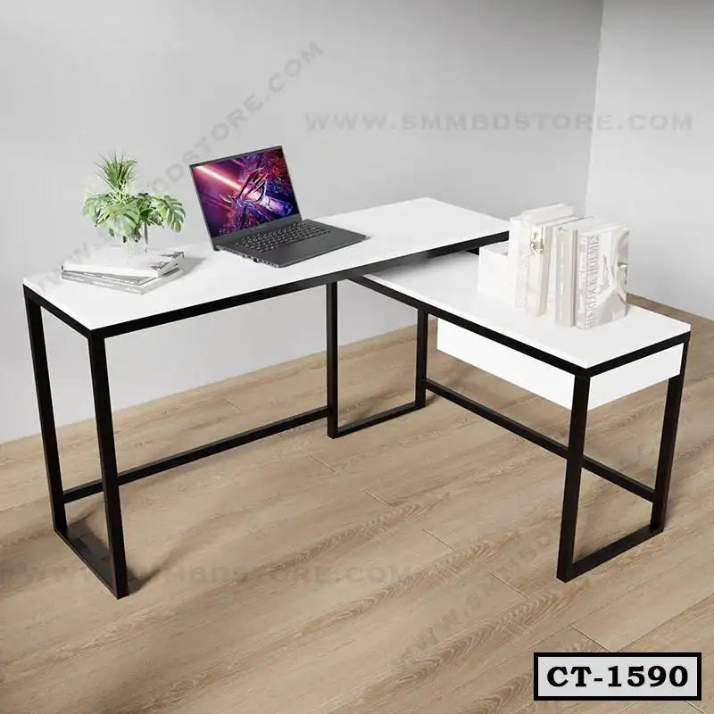 Modern L-shaped computer desk with white top, black frame, and workspace accessories Main image