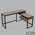 Modern computer table with metal frame, wood finish, L-shape design, and sliding drawer