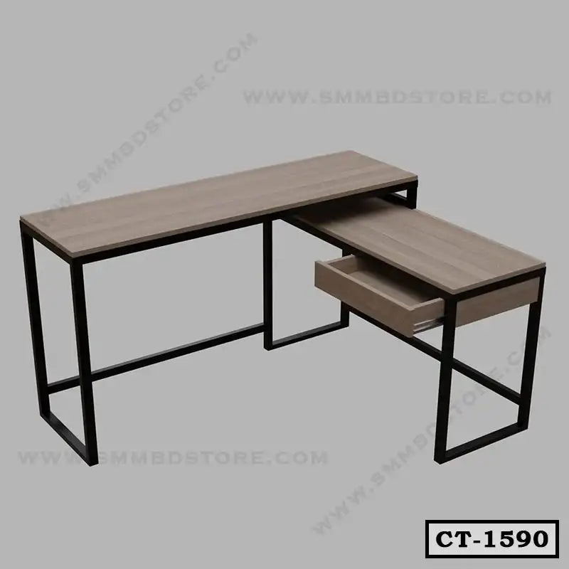 Modern computer table with metal frame, wood finish, L-shape design, and sliding drawer
