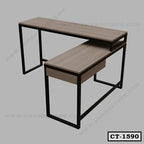 Modern L-shaped computer desk with black metal frame and wood finish for home or office