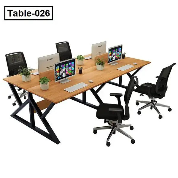 Contemporary four-person computer desk with divider screens and office chairs