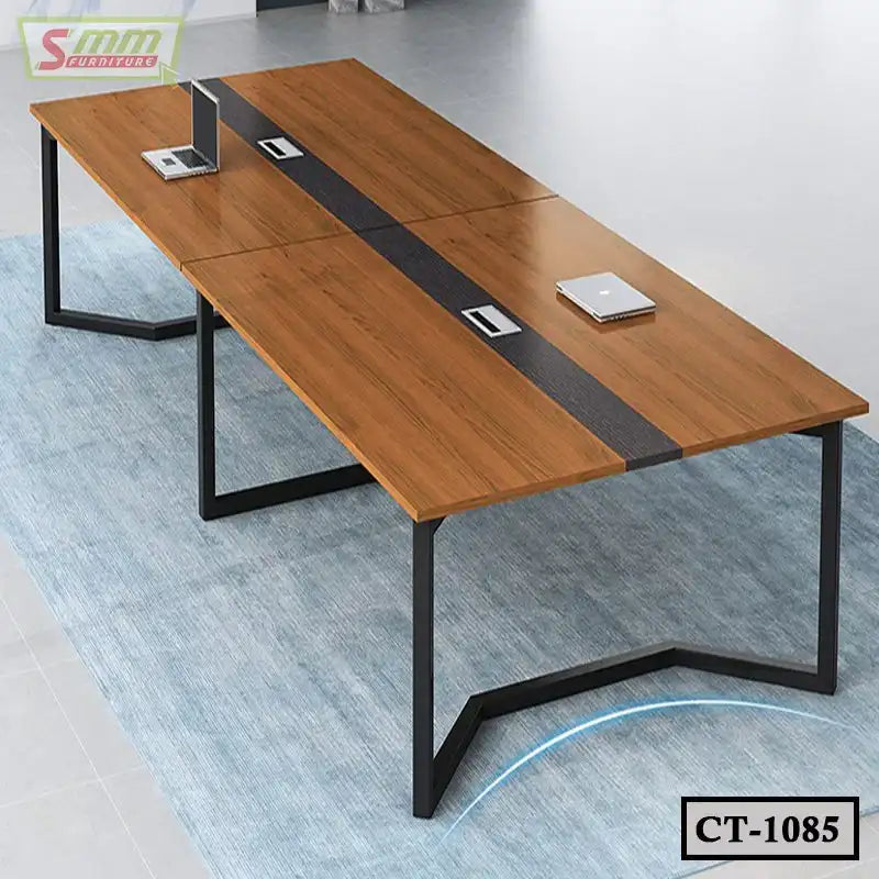 Modern wooden conference table with black metal legs on blue rug, minimal office setup Main image