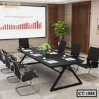 Modern black conference table with eight chairs in a business meeting room setting