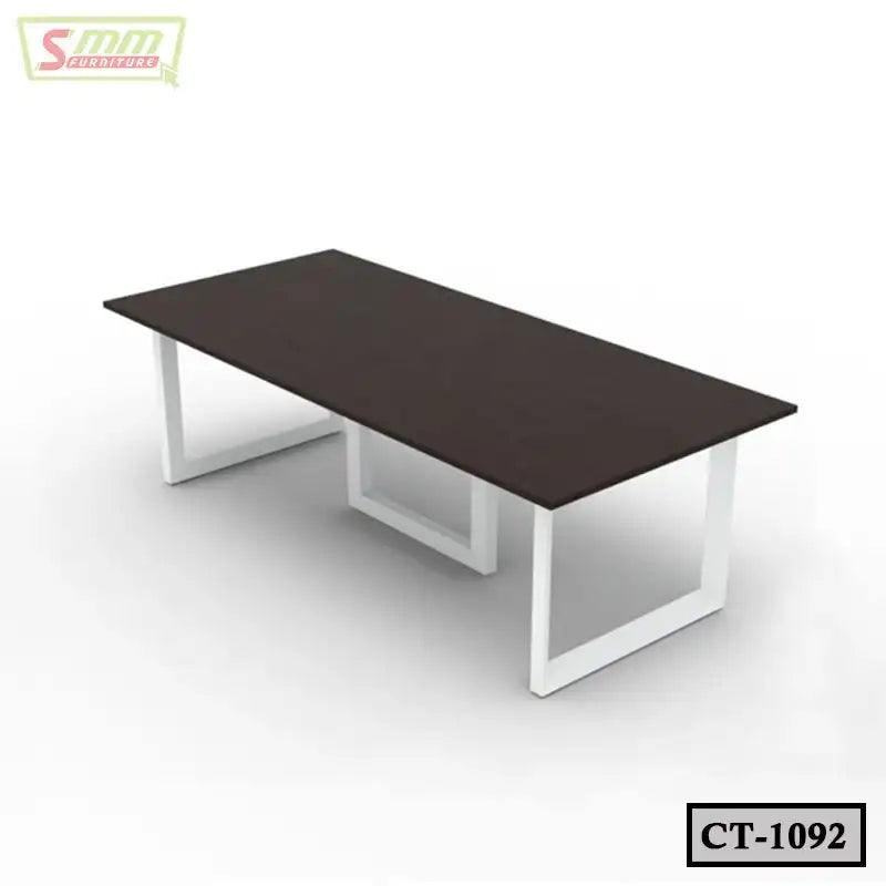 Modern rectangular conference table with dark wood top and white metal legs Main image
