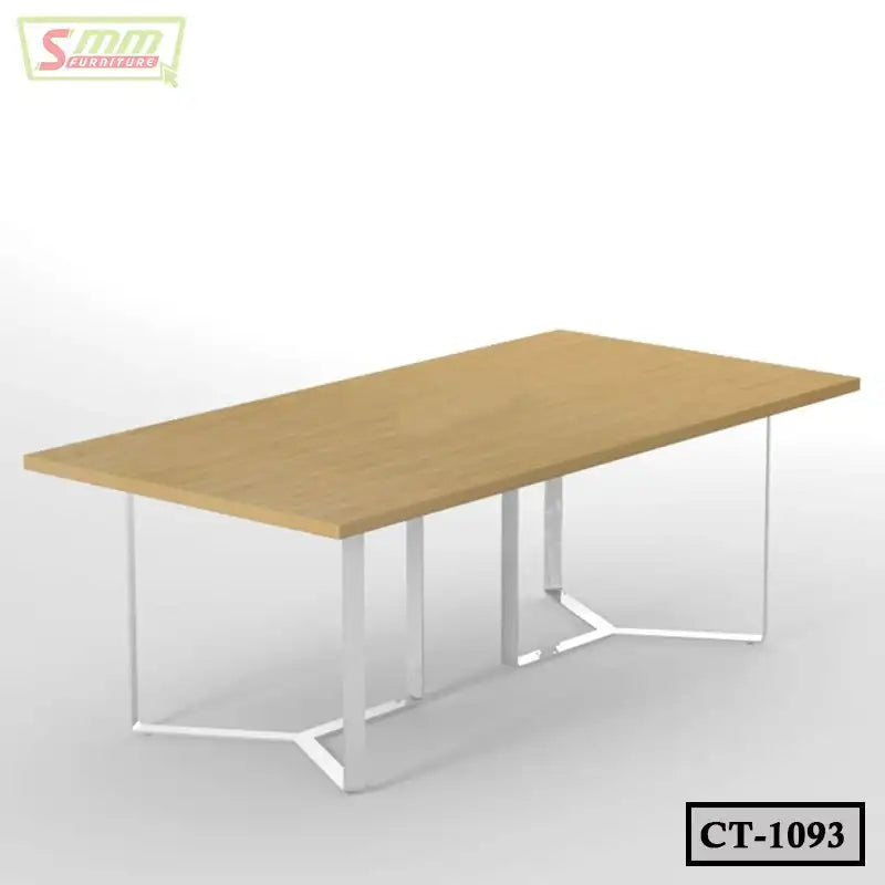 Modern rectangular conference table with light wood top and white metal legs
