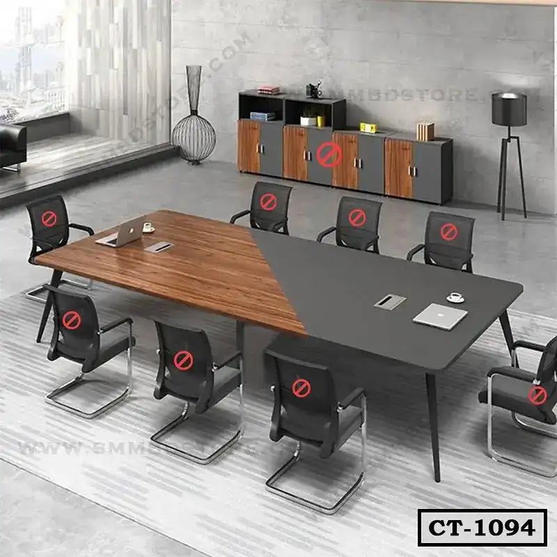 Modern rectangular conference table with mixed wood and dark finishes, surrounded by office chairs in a sleek meeting room. Main image