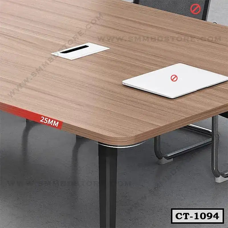 Modern conference table with wood finish, metal legs, cable slot, 25mm thickness, and chairs