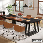 Modern office conference table with brown chairs and decorative centerpiece, contemporary meeting room.