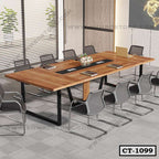 Modern wooden conference table with metal legs and mesh office chairs in meeting room