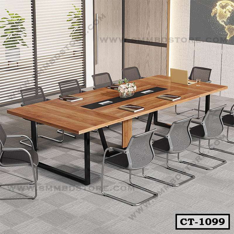Modern wooden conference table with metal legs and mesh office chairs in meeting room