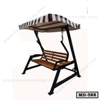 Wooden outdoor swing bench with metal frame and striped canopy, ideal for garden or patio.