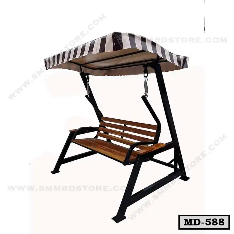 Wooden outdoor swing bench with metal frame and striped canopy, ideal for garden or patio.
