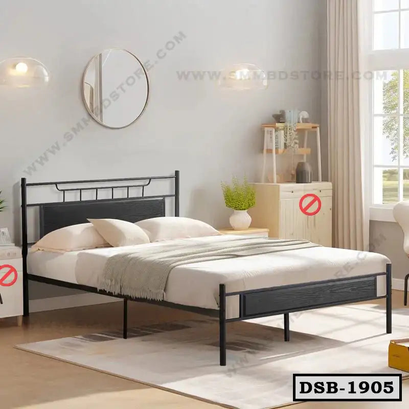 Modern double steel bed with headboard in a bright bedroom, minimalist home furniture