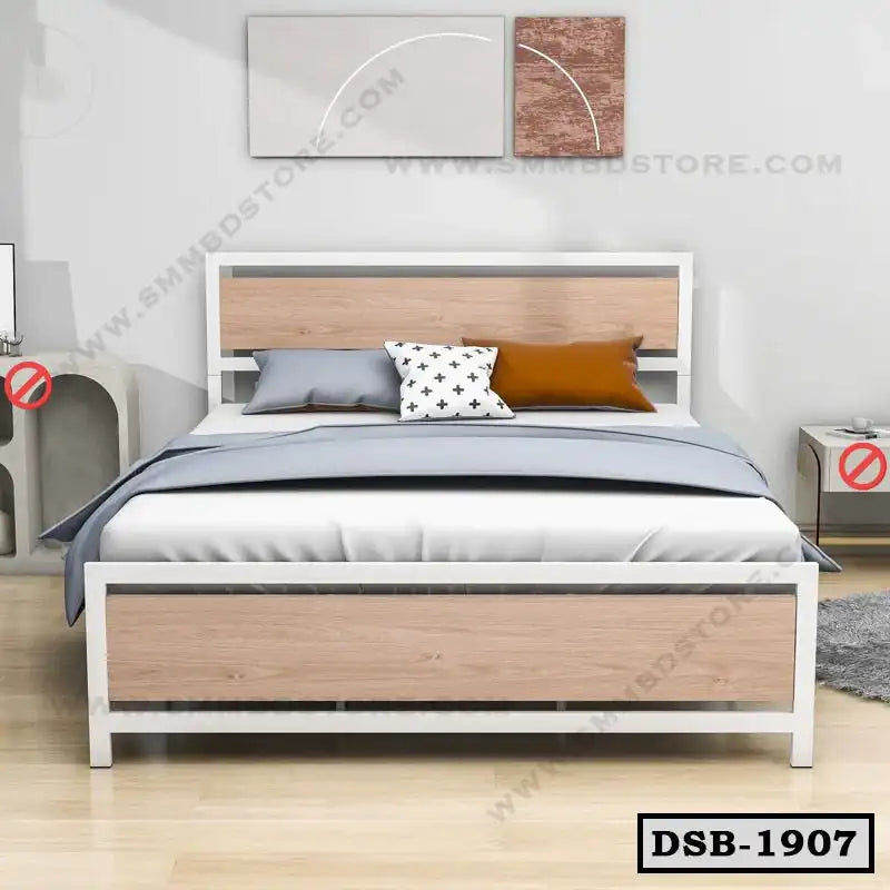Modern double steel bed with wooden panels, pillows, and bedding in a minimalist bedroom.