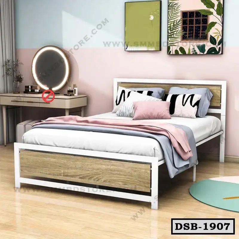 Modern double steel bed with wood panels in stylish bedroom, pillows and blankets arranged neatly.