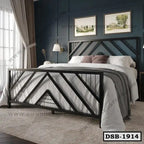 Modern double steel bed with geometric black frame in stylish bedroom setting