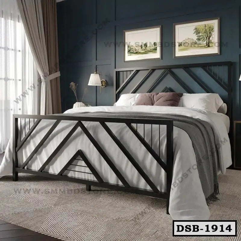 Modern double steel bed with geometric black frame in stylish bedroom setting