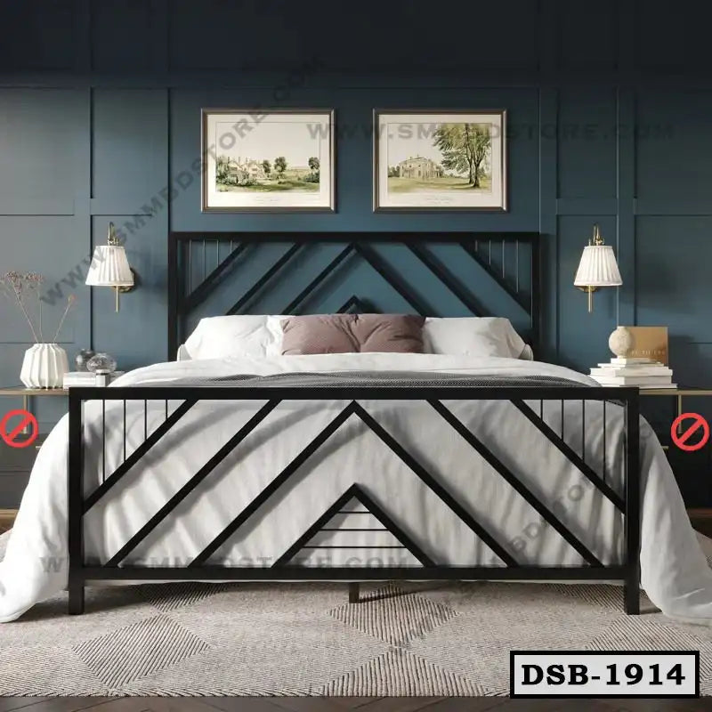 Modern double steel bed with geometric black frame in stylish bedroom, wall lamps and artwork above. Main image