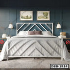 Modern double steel bed with geometric design, white bedding, stylish bedroom decor.