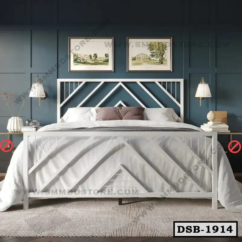 Modern double steel bed with geometric design, white bedding, stylish bedroom decor.