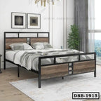 Modern double steel bed with wood panels in stylish bedroom setting