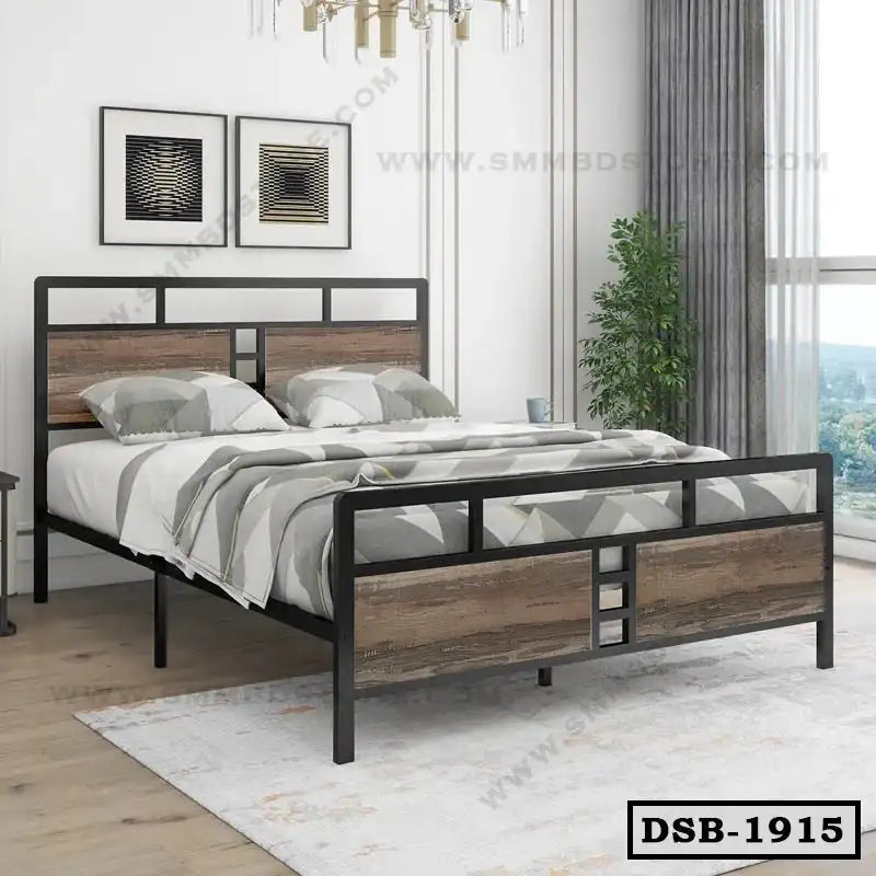 Modern double steel bed with wood panels in stylish bedroom setting